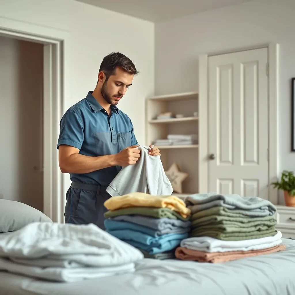 A hyperrealistic scene showing an employee folding clothes in a room of a house