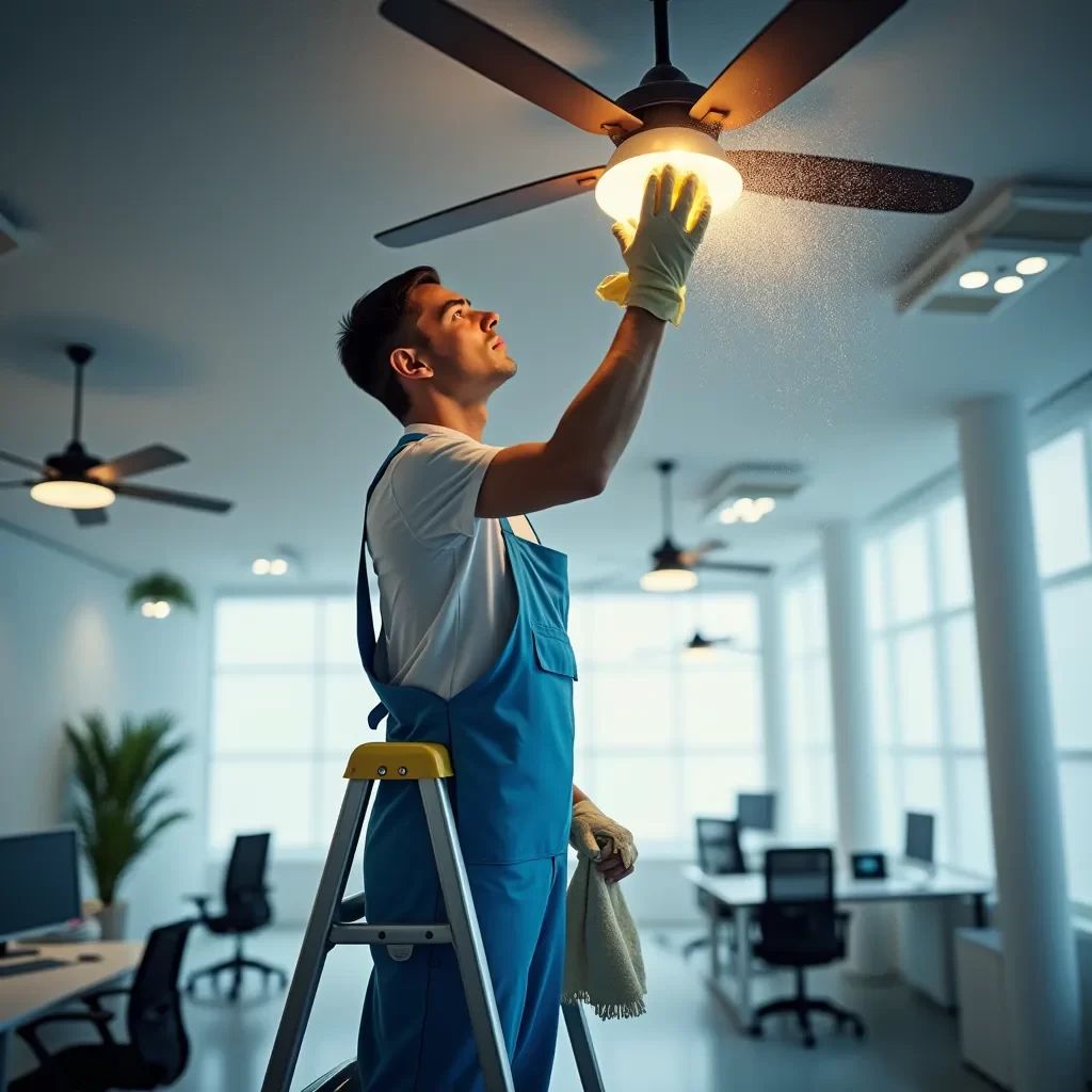 A hyperrealistic depiction of a person cleaning dust and grime from ceiling fans and lights in a mo p2a67rxkklzbju7p7hdt 3