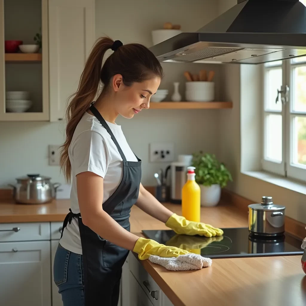 Una imagen hiperrealista de una mujer limpiando la cocina de una casa con gran eficiencia ella est zeghbrf0ugx5eebqpcsb 1